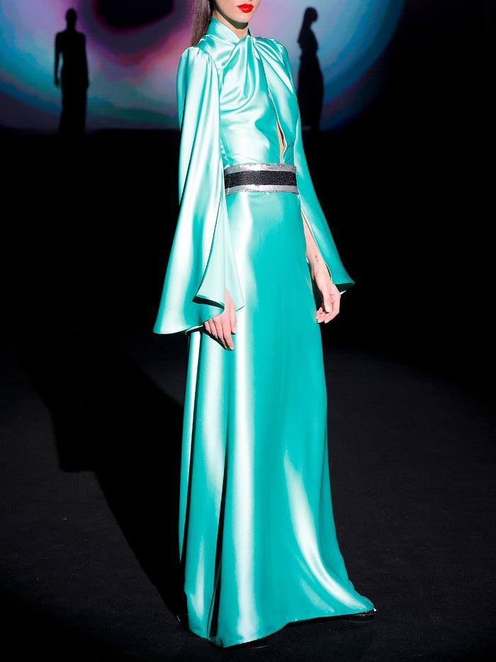 Hannibal laguna LOOK 4 Vestido JELBANI | Vestido de fiesta realizado en satin color verde agua Tienda de fábrica