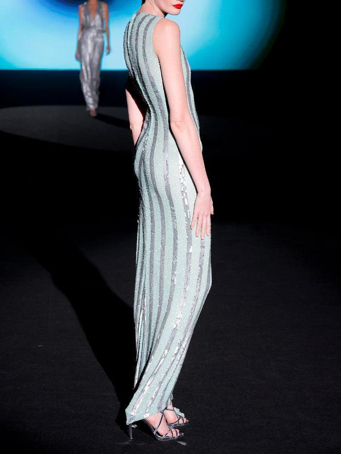 Hannibal laguna LOOK 6 Vestido JELDEN | Vestido de fiesta realizado en paillete metalizado plata y verde agua Ahorra y exporta