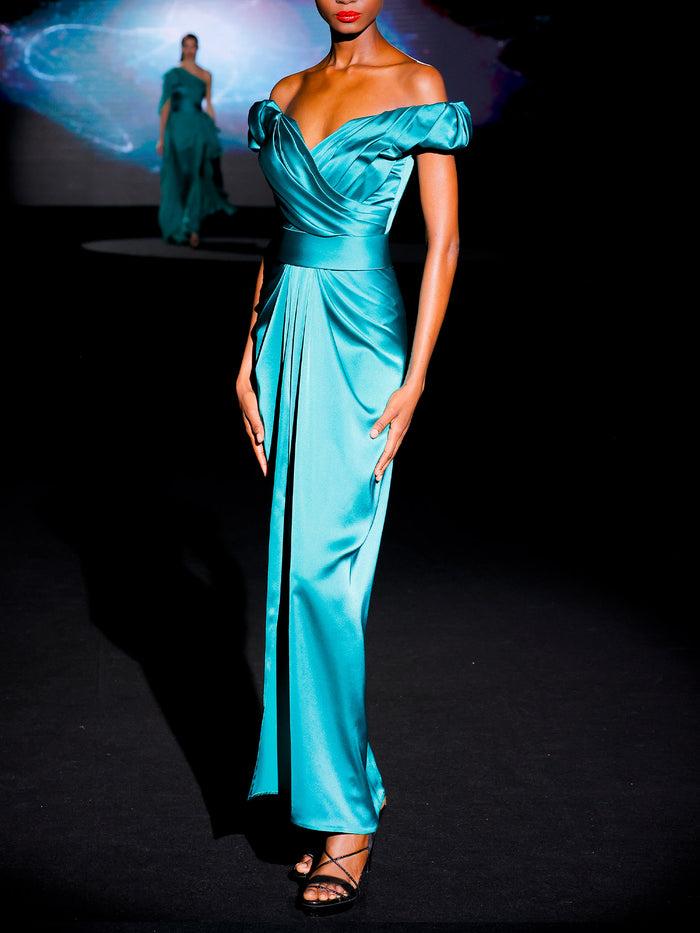 Hannibal laguna LOOK 16 Vestido JAZMINE | Vestido de fiesta realizado en satin color verde Ofertas de temporada