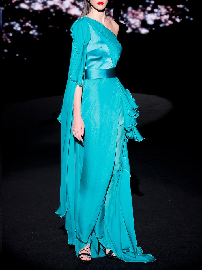 Hannibal laguna LOOK 17 Vestido JANAIS | Vestido asimétrico de fiesta realizado en gasa verde Ofertas especiales