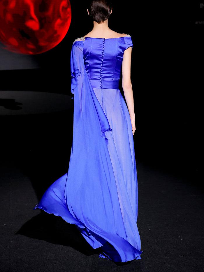 Hannibal laguna LOOK 22 Vestido JARCHY | Vestido de fiesta realizado en gasa de seda color azul royal y swarovski 2025