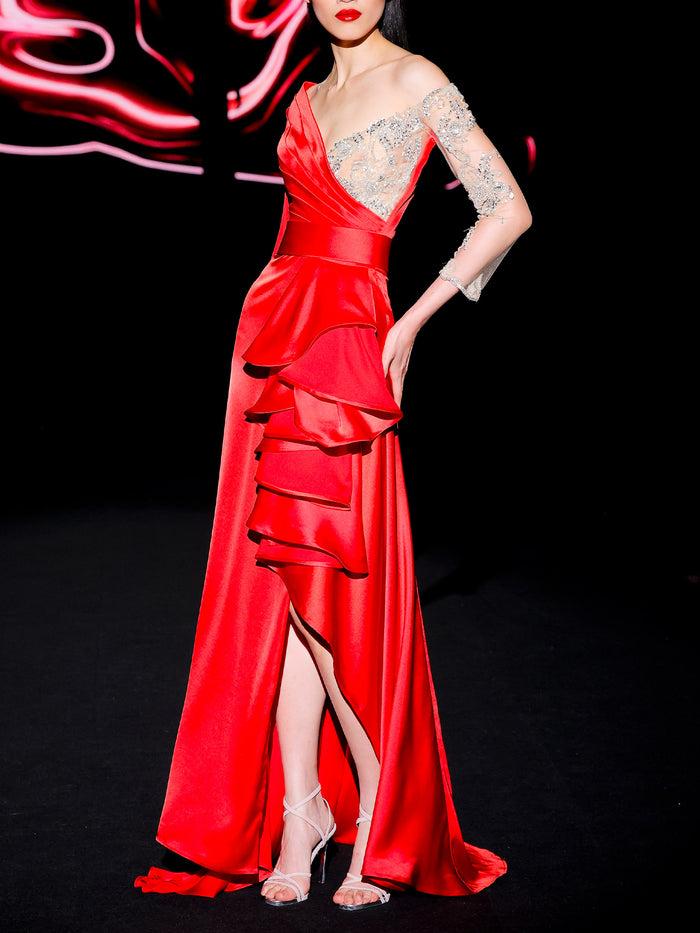 Hannibal laguna LOOK 29 Vestido JENDALS | Vestido de fiesta realizado en satín color rubi y swarovski En oferta