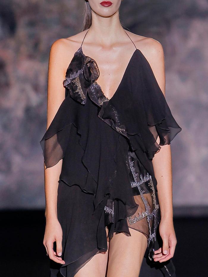 Hannibal laguna Look 11 XASMINA | Vestido asimétrico corto de fiesta en gasa color negro Limitado a 3 días
