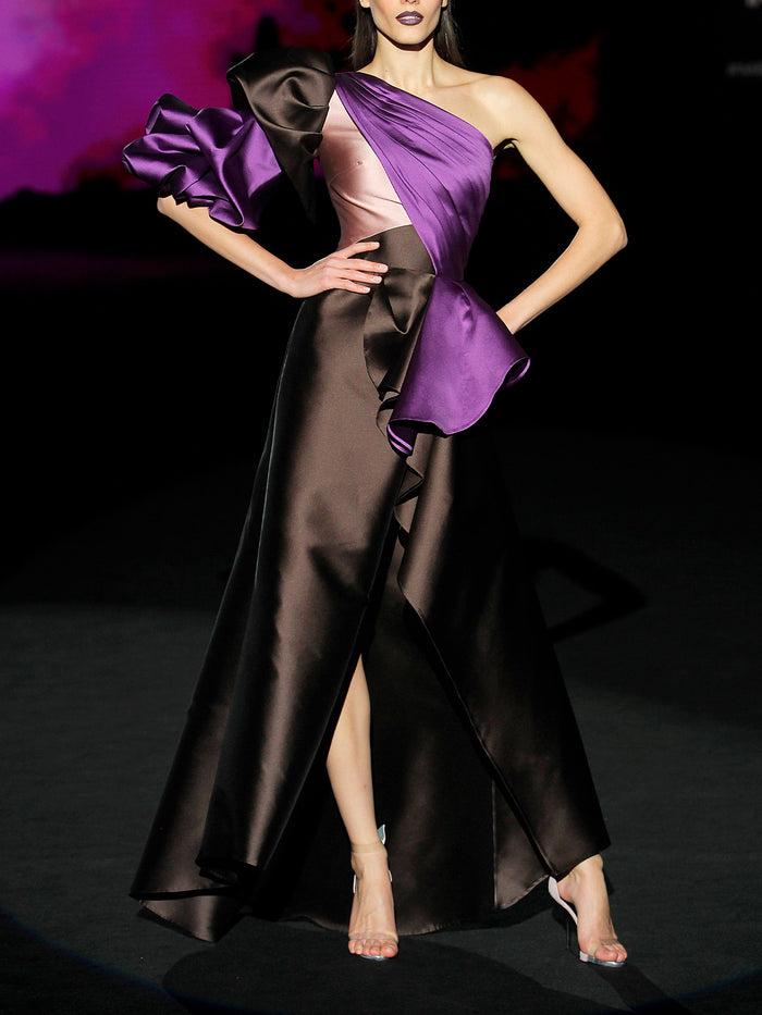 Hannibal laguna LOOK 38 HACHE | Vestido en mikado color chocolate y morado Rebajas de fábrica