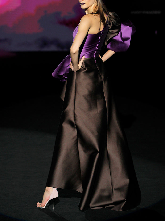 Hannibal laguna LOOK 38 HACHE | Vestido en mikado color chocolate y morado Rebajas de fábrica