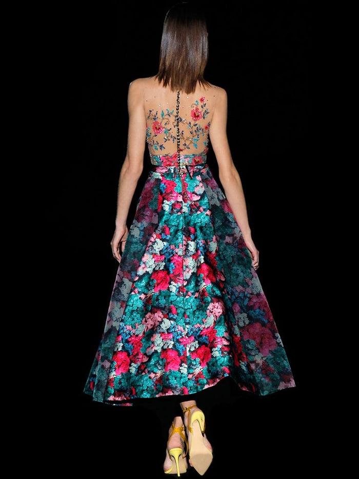 Hannibal laguna Look 23 DULCE | Vestido en satín y organza estampada falda midi de nesgas Oferta especial de fábrica