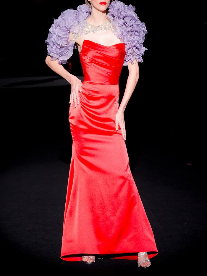 Hannibal laguna LOOK 31 Bolero JAZZ y Vestido JARMON | Bolero de volantes de garza plisada amatista y swarovski. Vestido de fiesta realizado en satín color rubi Rebajas