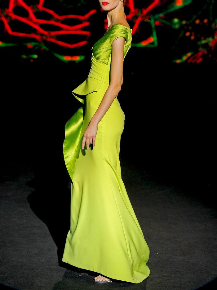 Hannibal laguna LOOK 20 IBISCUS | Vestido de fiesta largo en crepe lima y martelé verde Gran oferta