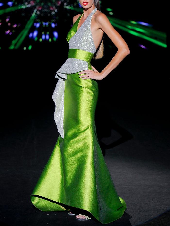 Hannibal laguna LOOK 35 ILUMINATI | Vestido de fiesta largo en verde y bordado plata Envío gratis