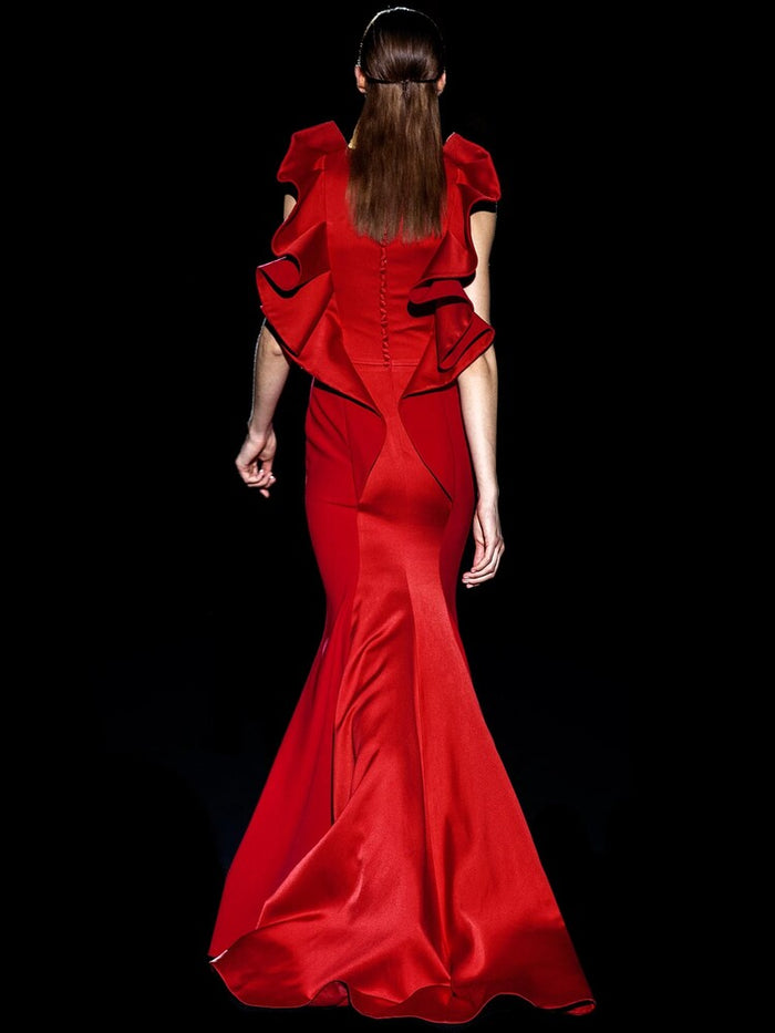 Hannibal laguna Look 34 CUORE | Vestido en crepe y raso rojo rubi Últimos 2 días