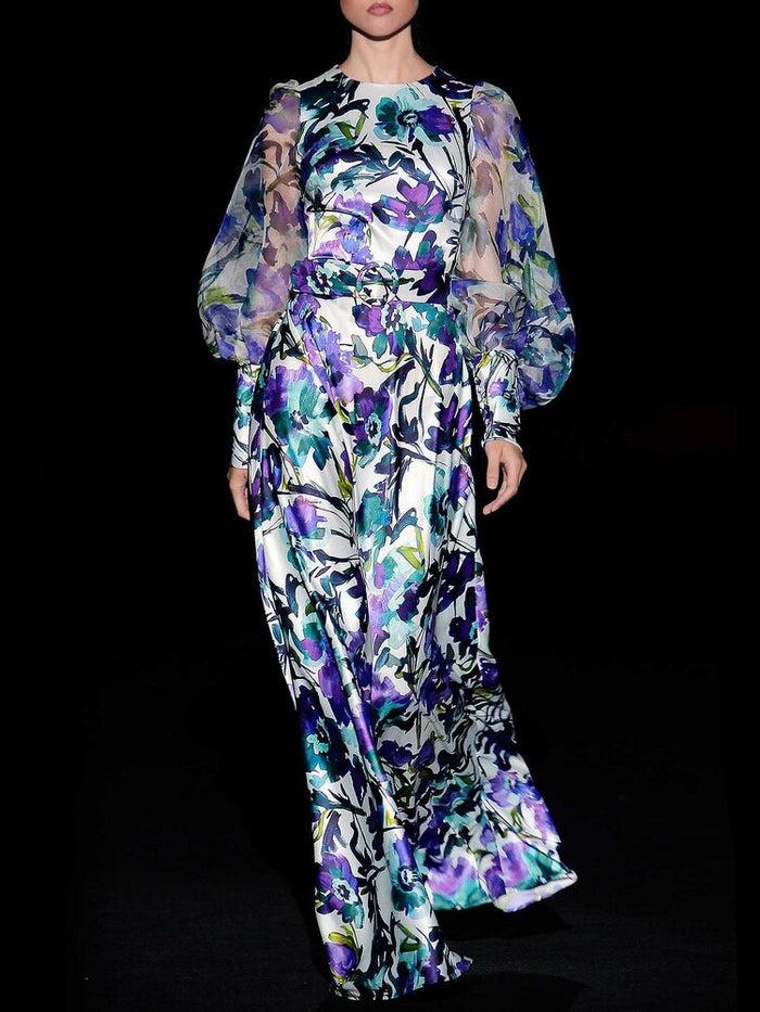 Hannibal laguna Look 14 CHAMPS | Vestido en satin estampado azaleas pato 2025