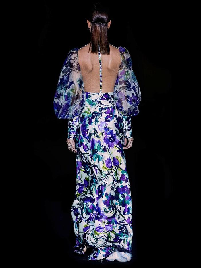 Hannibal laguna Look 14 CHAMPS | Vestido en satin estampado azaleas pato 2025
