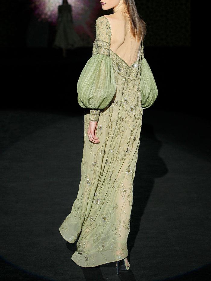 Hannibal laguna LOOK 6 HALBORA | Vestido en gasa bordada color verde olivo Devoluciones gratuitas