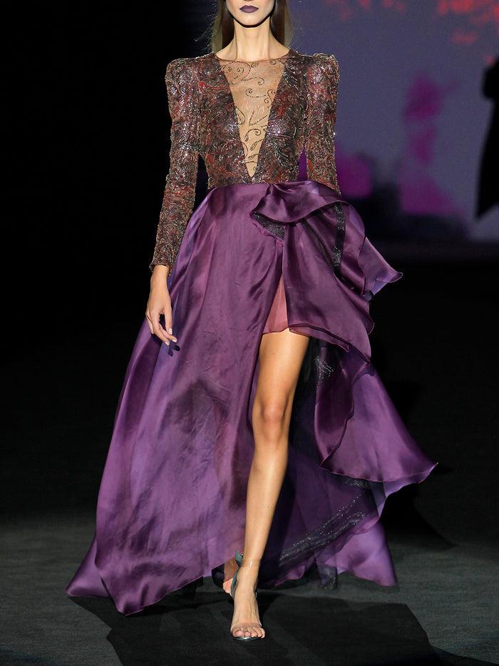 Hannibal laguna LOOK 34 HANOVER | Vestido en tatoo bordado y garza morada