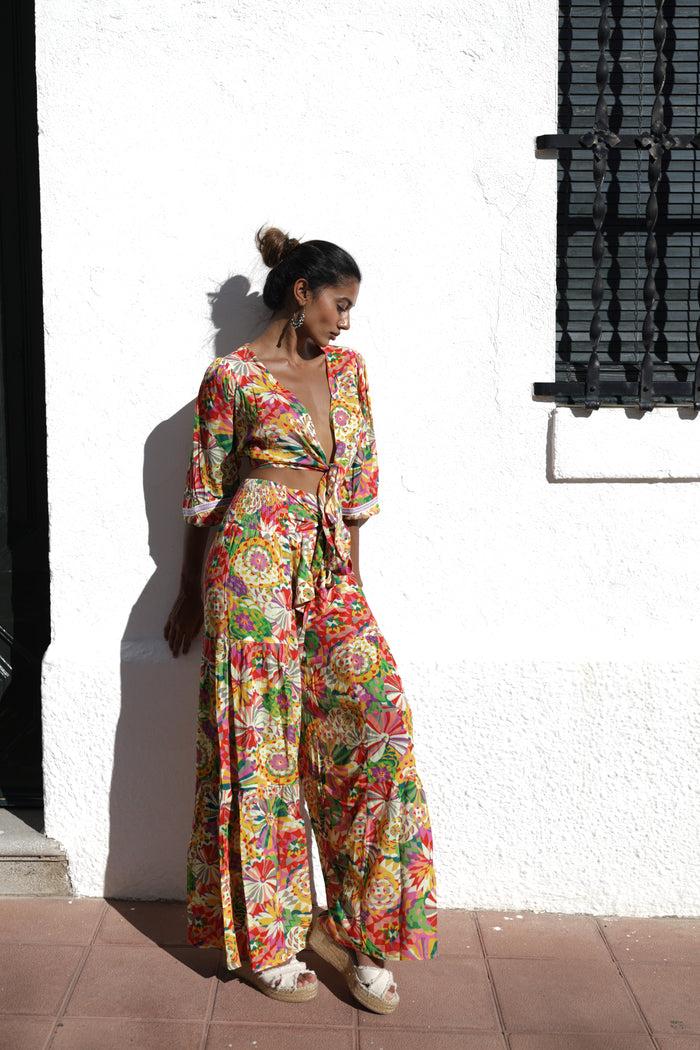 luna llena Pantalón largo luna llena de verano estampado flores multicolor – Luna Llena Últimos 2 días