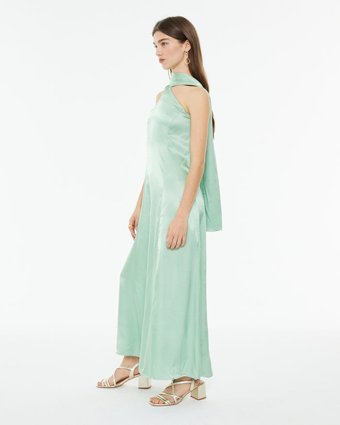 system action Vestido largo de fiesta asimétrico con pañuelo escote Superdescuento