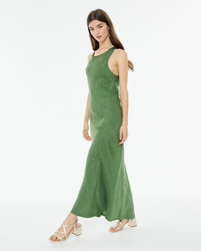 system action Vestido largo ajustado tejido jaquard con escote halter Grandes descuentos