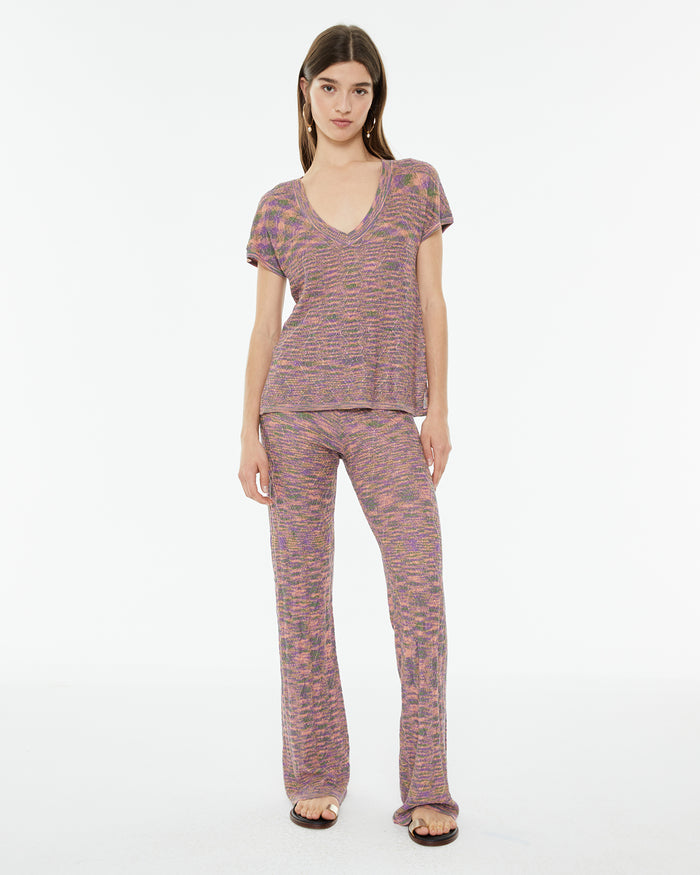 system action Jersey hilo lúrex escote pico y manga corta Última moda