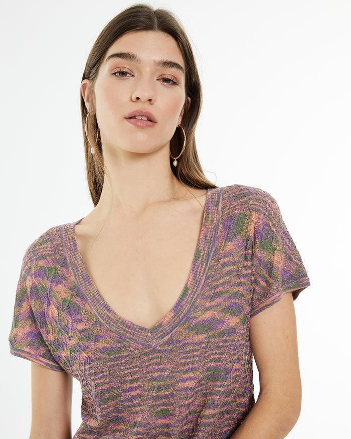 system action Jersey hilo lúrex escote pico y manga corta Última moda