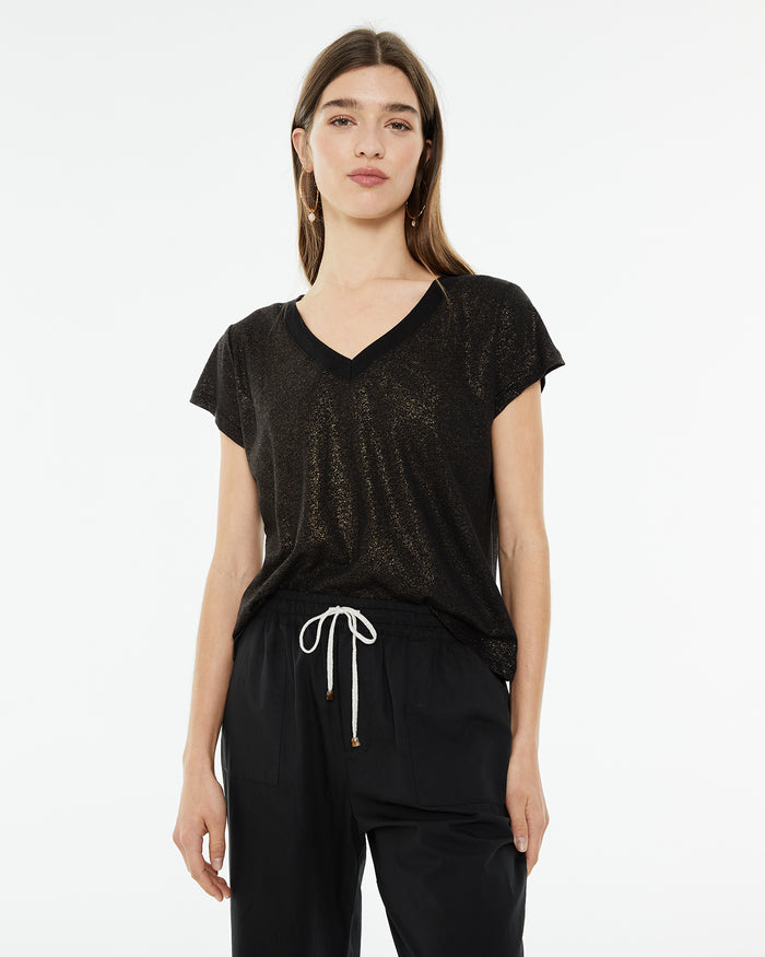 system action Camiseta de lino de cuello pico con detalle tira fantasía