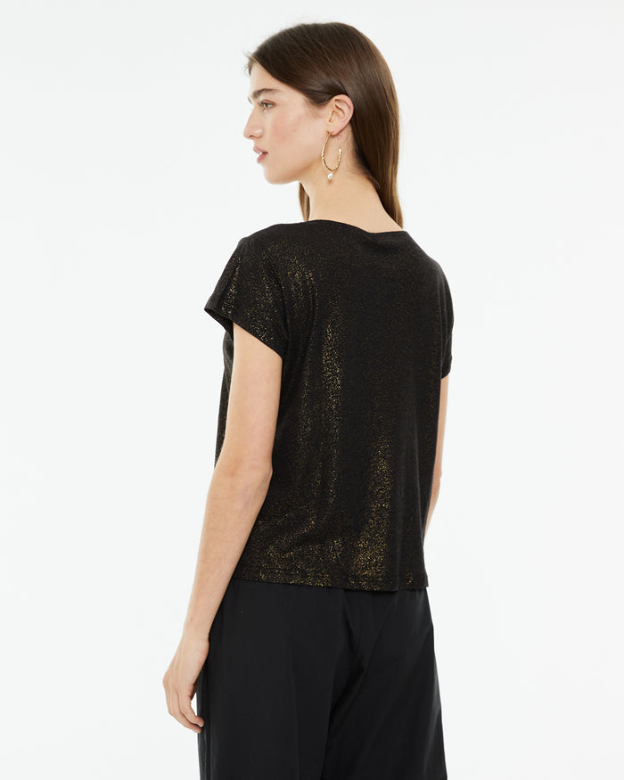 system action Camiseta de lino de cuello pico con detalle tira fantasía En línea