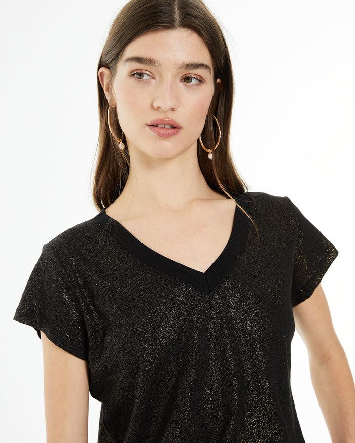 system action Camiseta de lino de cuello pico con detalle tira fantasía En línea