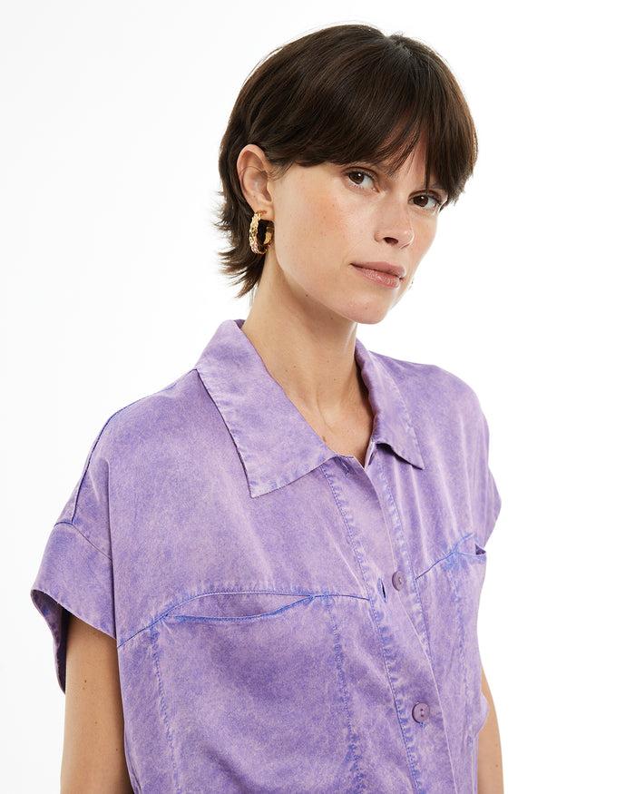 system action Camisa fluida cuello mao con bolsillos plastrón delanteros Descuento por venta flash