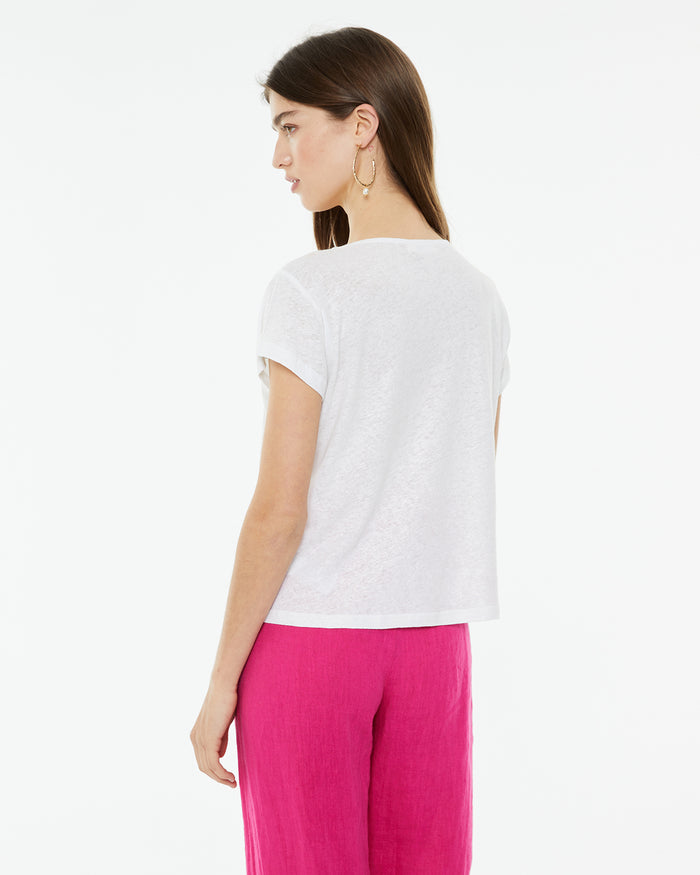 system action Camiseta de lino de cuello pico con detalle tira fantasía Venta caliente