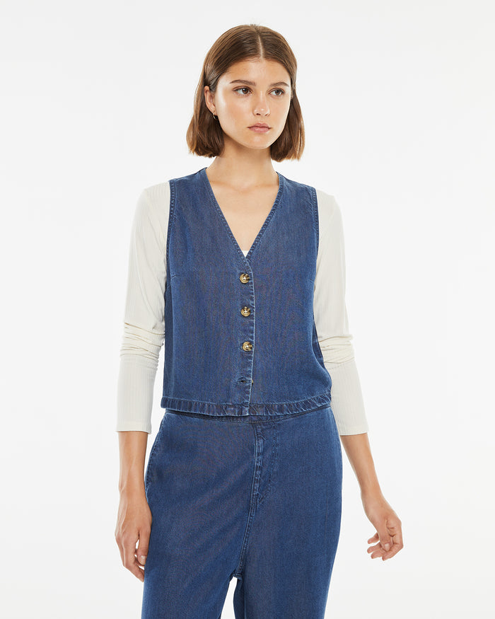 system action Chaleco efecto denim cierre de botones