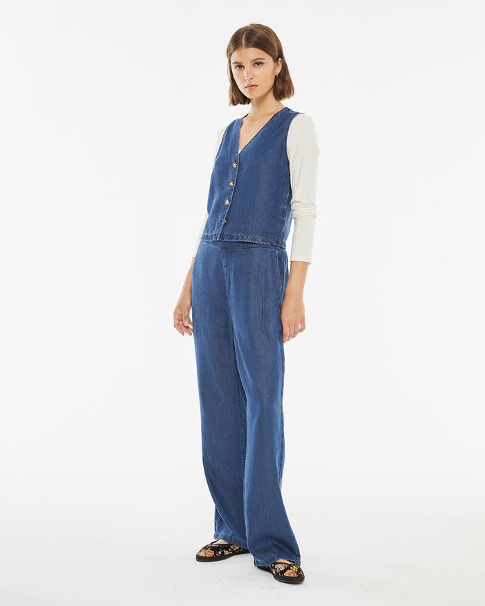 system action Chaleco efecto denim cierre de botones Tienda