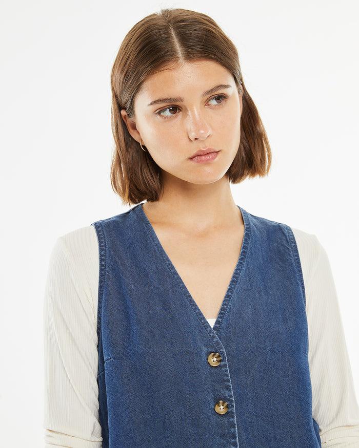 system action Chaleco efecto denim cierre de botones Tienda