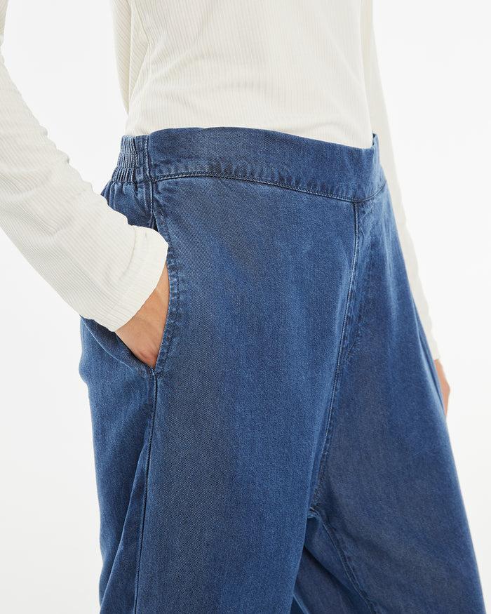 system action Pantalón efecto denim con goma en la cintura Liquidación