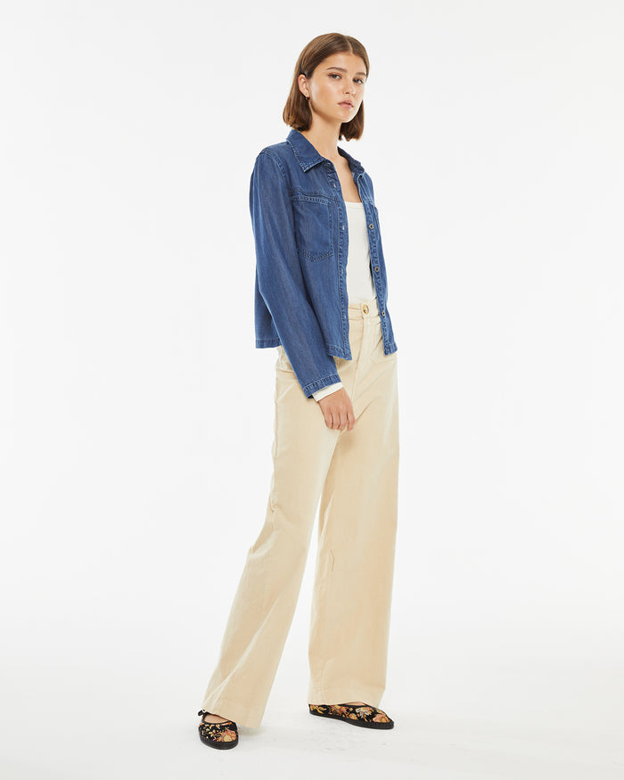 system action Camisa efecto denim desgastado Mejor oferta