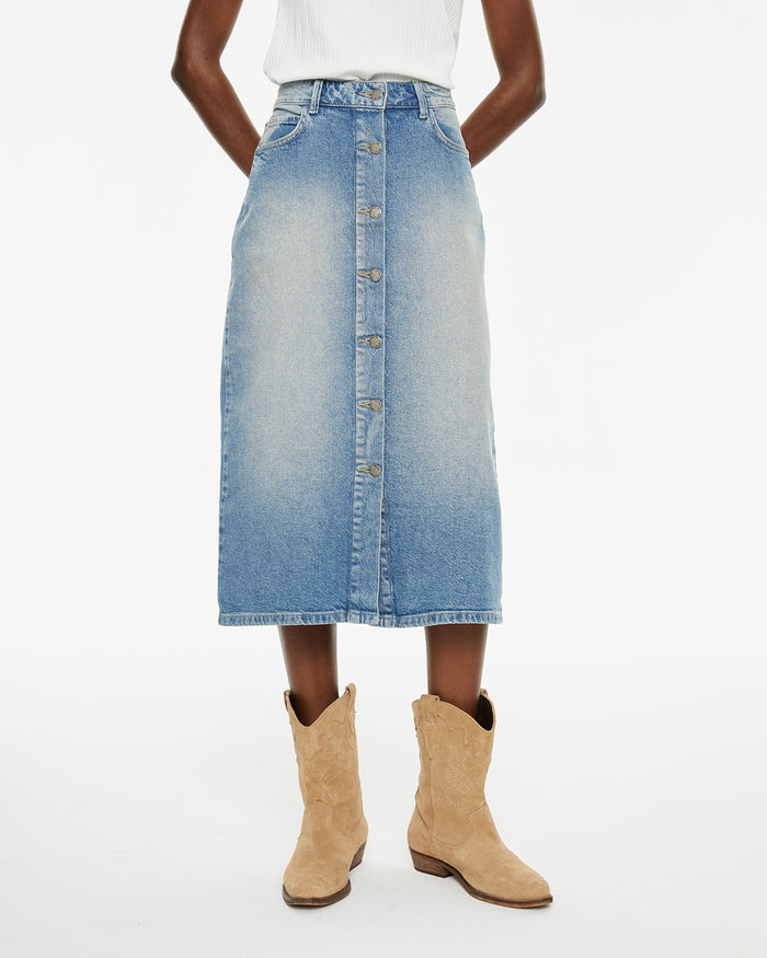 system action Falda denim larga con bolsillos delanteros Oferta especial