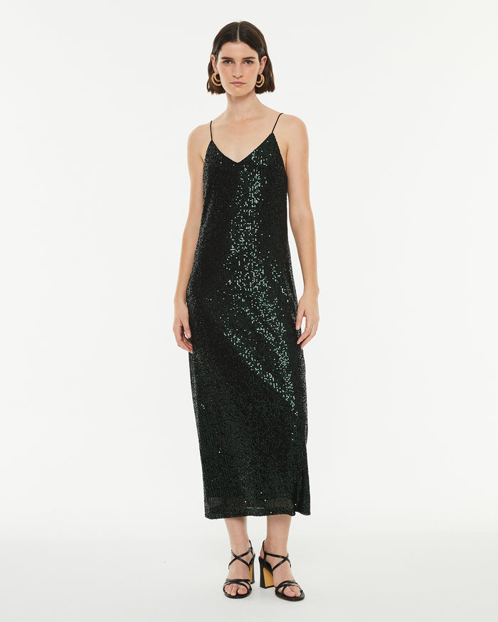 system action Vestido midi lentejuelas ajustado