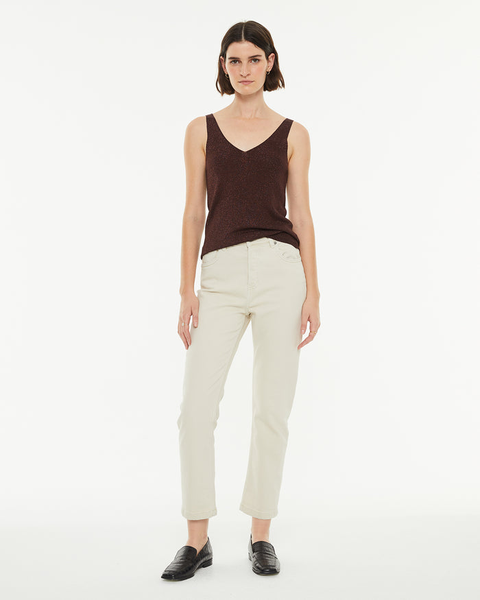 system action Top ajustado de tirantes con brillo cuello pico Promoción trimestral