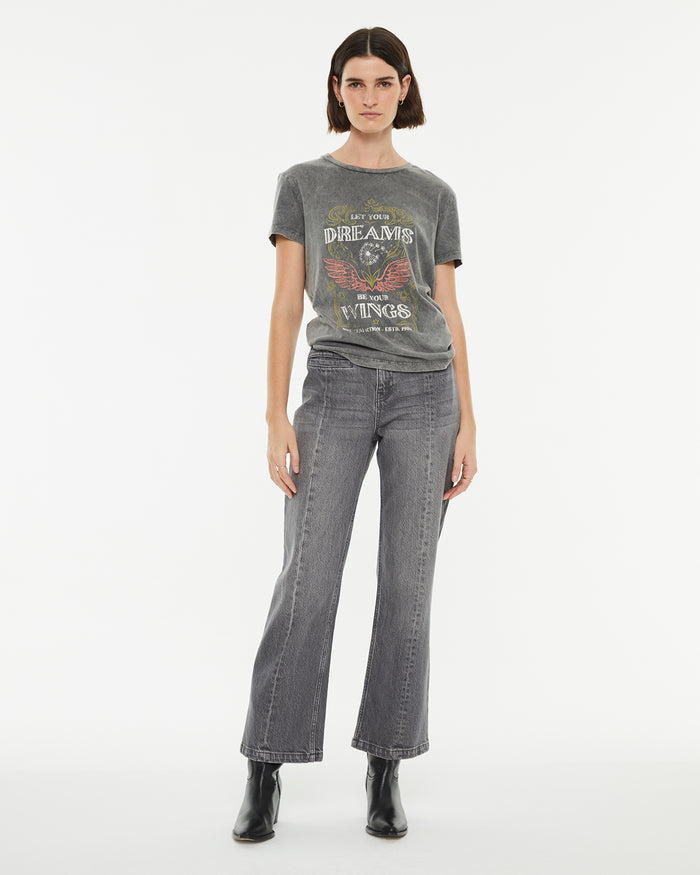 system action Pantalón denim flare gris detalle costura centro pierna