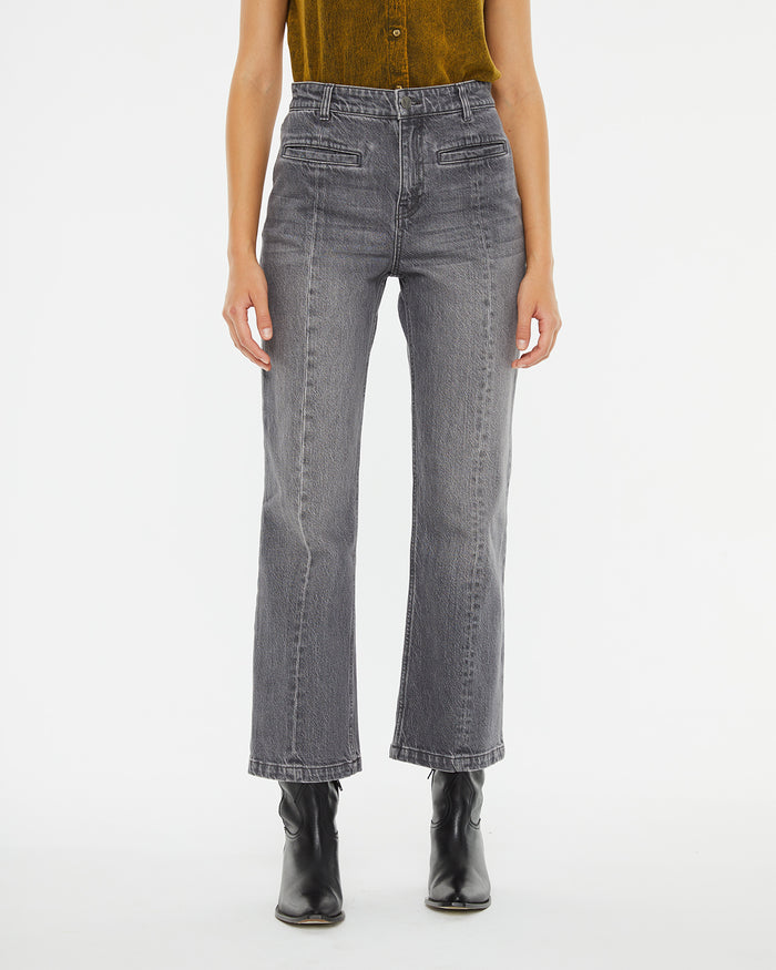 system action Pantalón denim flare gris detalle costura centro pierna Mejor oferta