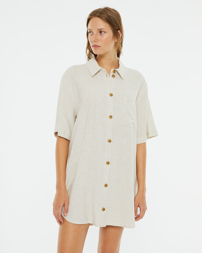 system action Vestido corto camisero manga larga efecto lino Tienda de fábrica