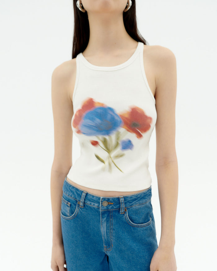 thinking mu Top blanco blurry flower Harriet Venta caliente