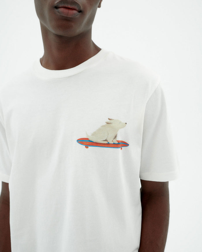 thinking mu Camiseta blanca skater dog Zach ÚLTIMAS EDICIONES