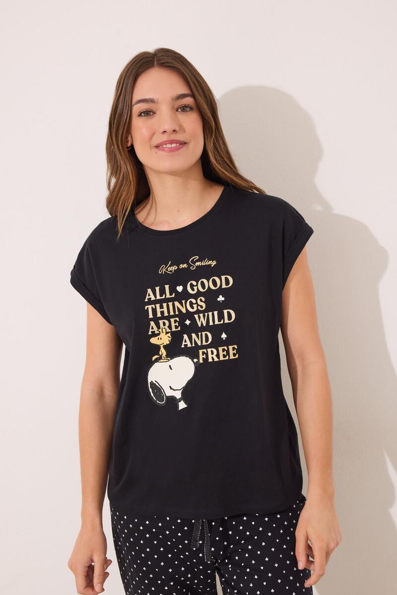 women'secret Pijama largo algodón Snoopy negro Precio ultrabajo