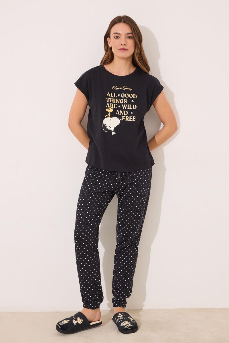 women'secret Pijama largo algodón Snoopy negro Precio ultrabajo