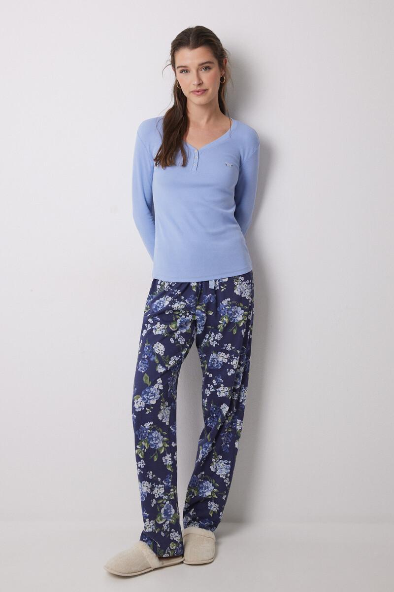 women'secret Pijama largo 100% algodón canalé azul flores Outlet