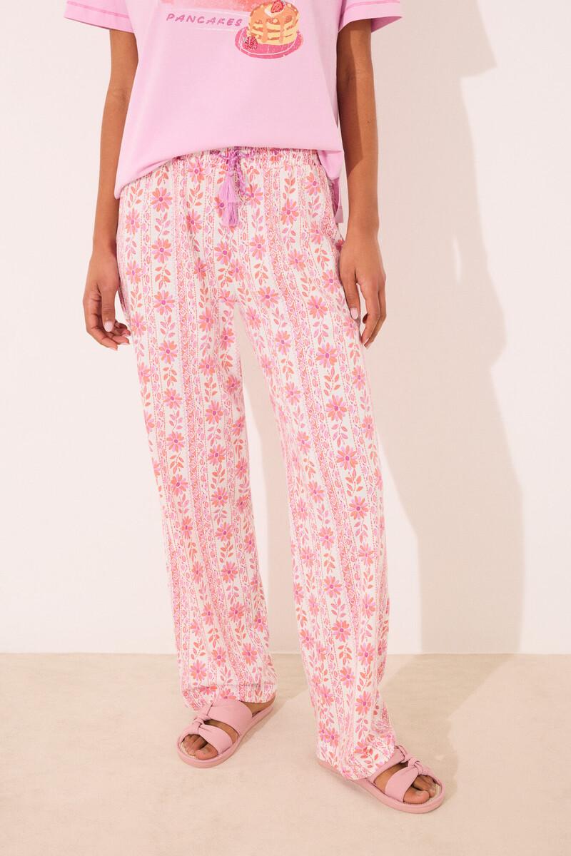 women'secret Pantalón largo lounge 100% algodón flores Ventas relámpago