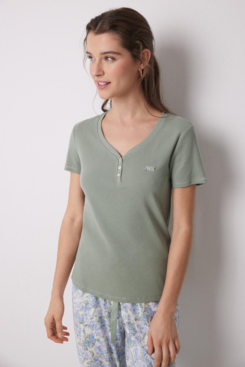 women'secret Pijama 100% algodón canalé verde flores ÚLTIMAS EDICIONES