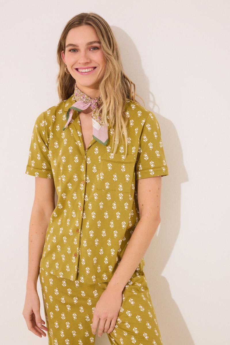 women'secret Pijama camisero 100% algodón kaki sellos Liquidación