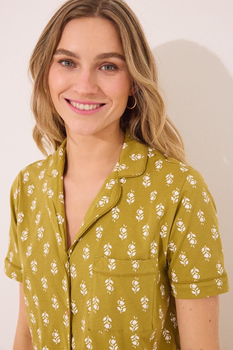 women'secret Pijama camisero 100% algodón kaki sellos Liquidación