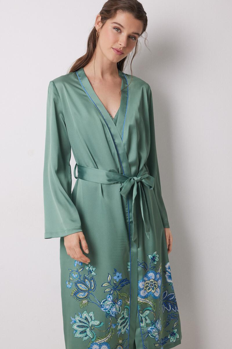 women'secret Bata midi satén verde flores Oferta especial