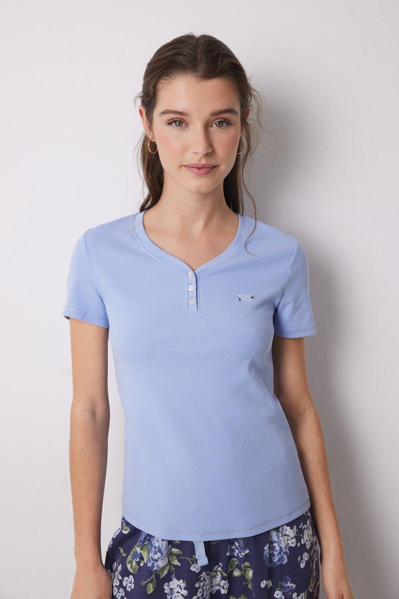 women'secret Pijama 100% algodón canalé azul flores Liquidación